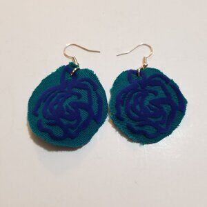 Green Jean Fabric Blue Rose Velour Earring Pair